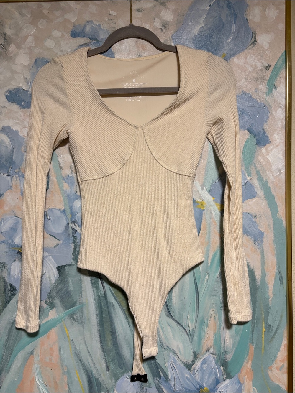 Klassy Network Cream Ribbed Long-Sleeve Bodysuit